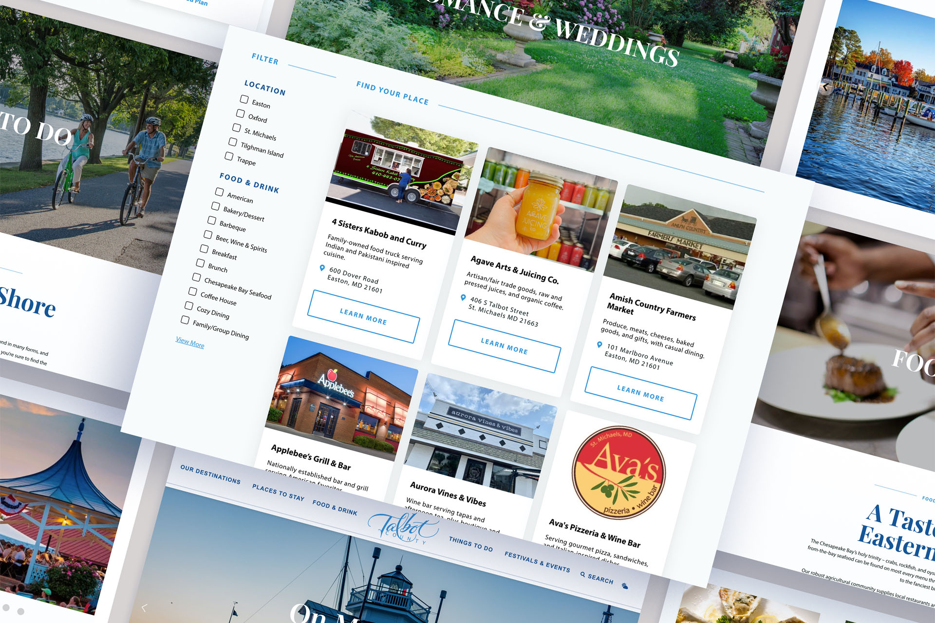 A variety of Talbot County tourism web design screenshots